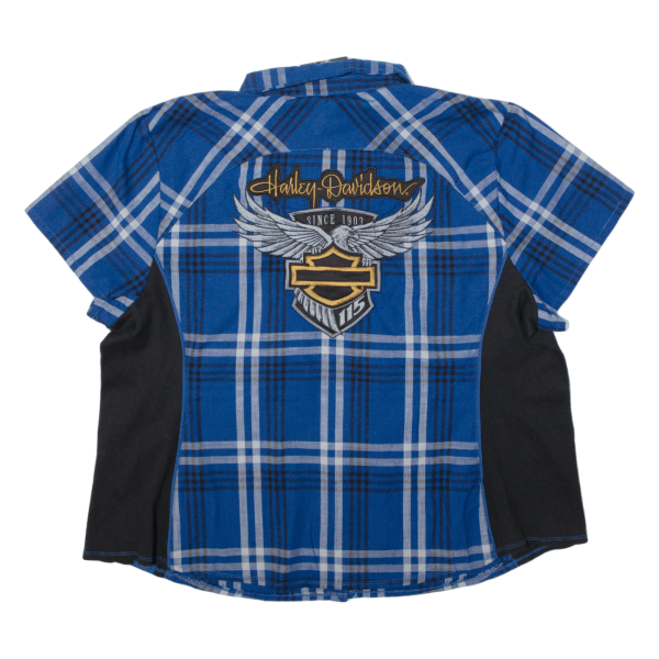 HARLEY DAVIDSON Motorcycle 115 Years Lined Shirt Blue Check Short Sleeve Womens 3XL For Cheap