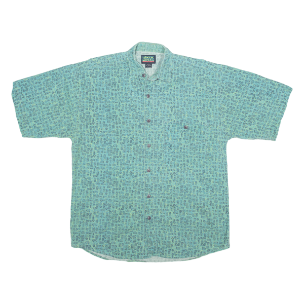 SHAH SAFARI Shirt Green Geometric Short Sleeve Mens M Fashion