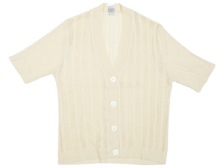 ACRILAN Mesh Cardigan Cream Cable Knit V-Neck Short Sleeve Womens L For Discount