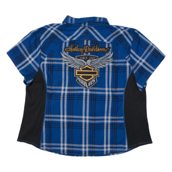 HARLEY DAVIDSON Motorcycle 115 Years Lined Shirt Blue Check Short Sleeve Womens 3XL Cheap