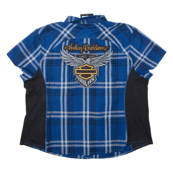 HARLEY DAVIDSON Motorcycle 115 Years Lined Shirt Blue Check Short Sleeve Womens 3XL Fashion