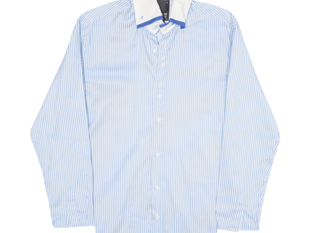 YOUNG & RICH Shirt Blue Striped Long Sleeve Mens S Fashion